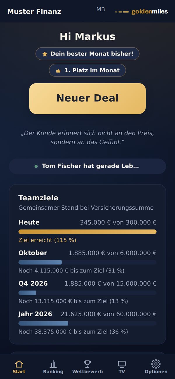 goldenmiles am Handy: Dashboard mit Neuer-Deal-Knopf